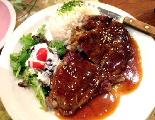 Japanese beef teriyaki with rice and house salad